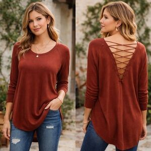 Express rust drape front lace up back pullover sweater ❤️